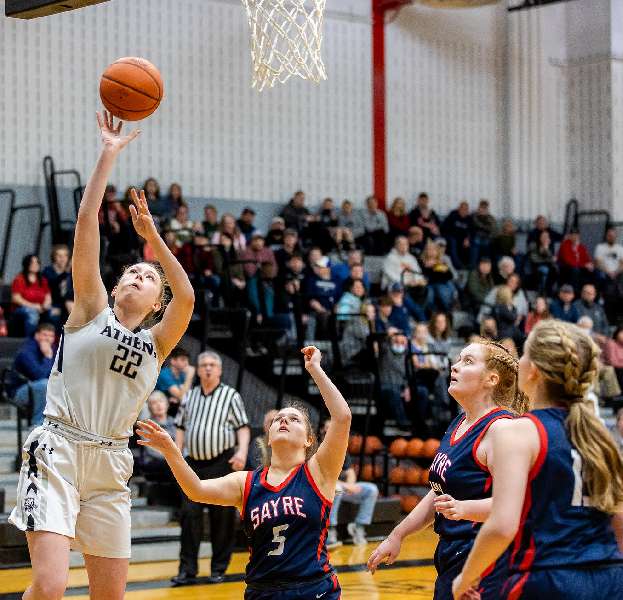 ATHENS TOPS SAYRE, 50-21, IN LADY RESKINS' RETURN TO COURT