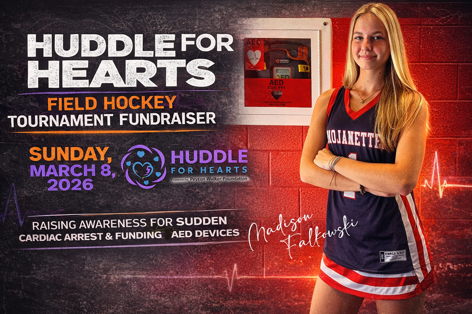 Madison Falkowski Leads Huddle for Hearts Tournament Fundraiser to Support AED Access and Cardiac Arrest Awareness